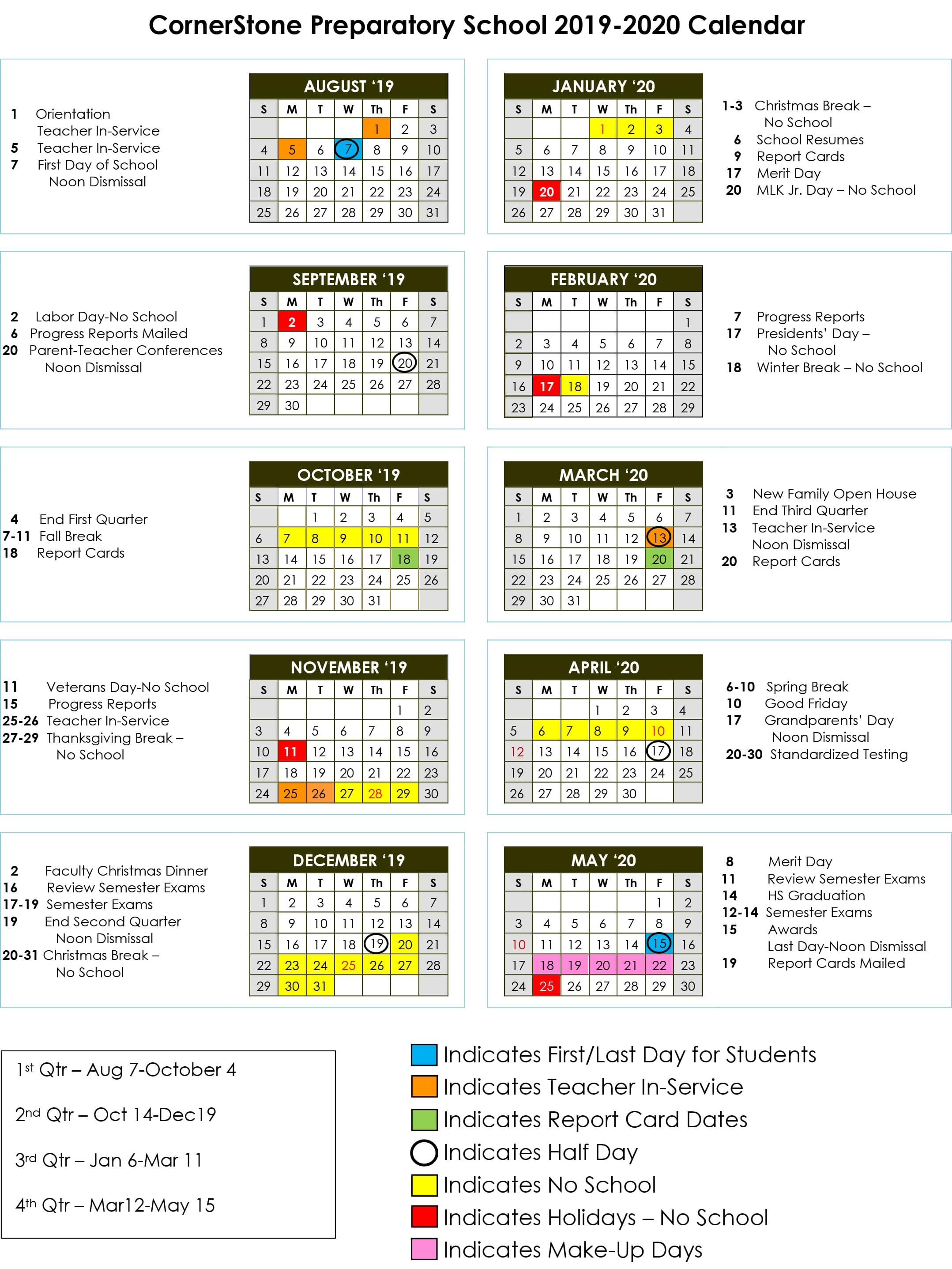 School Calendar Cornerstone Prep School